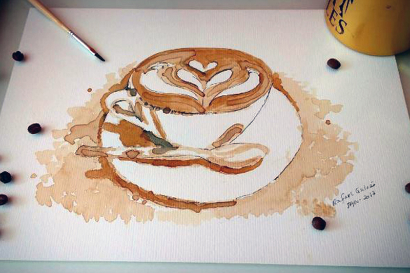 Barista pinta quadros com café.